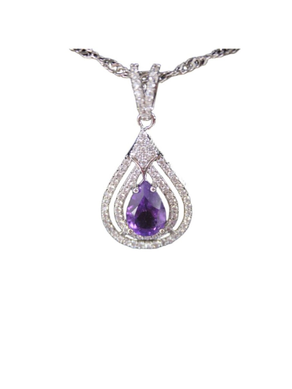Gold Coast Necklace Platinum Plated Amethyst Tear Drop Shape 17" Ext 3" Necklace - Picture 3 of 4